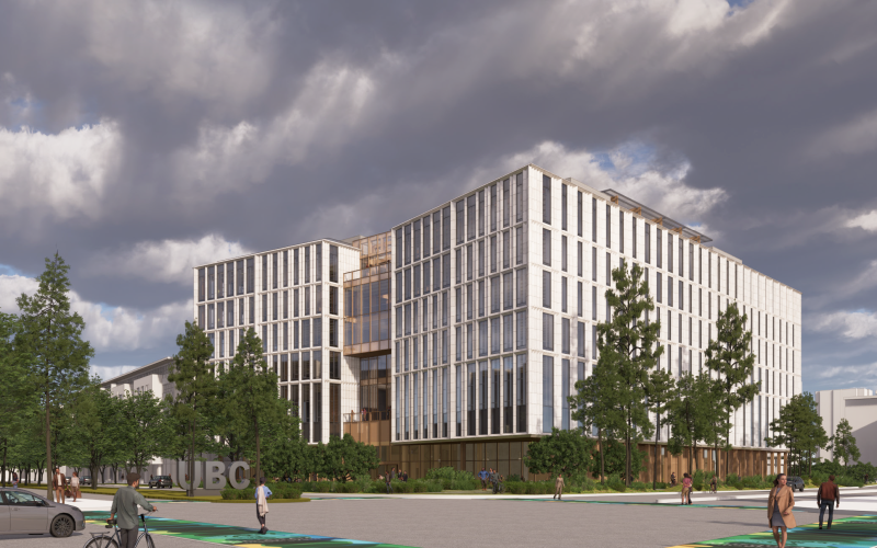 UBC Gateway — concrete elevator cores with steel embeds for composite timber beams